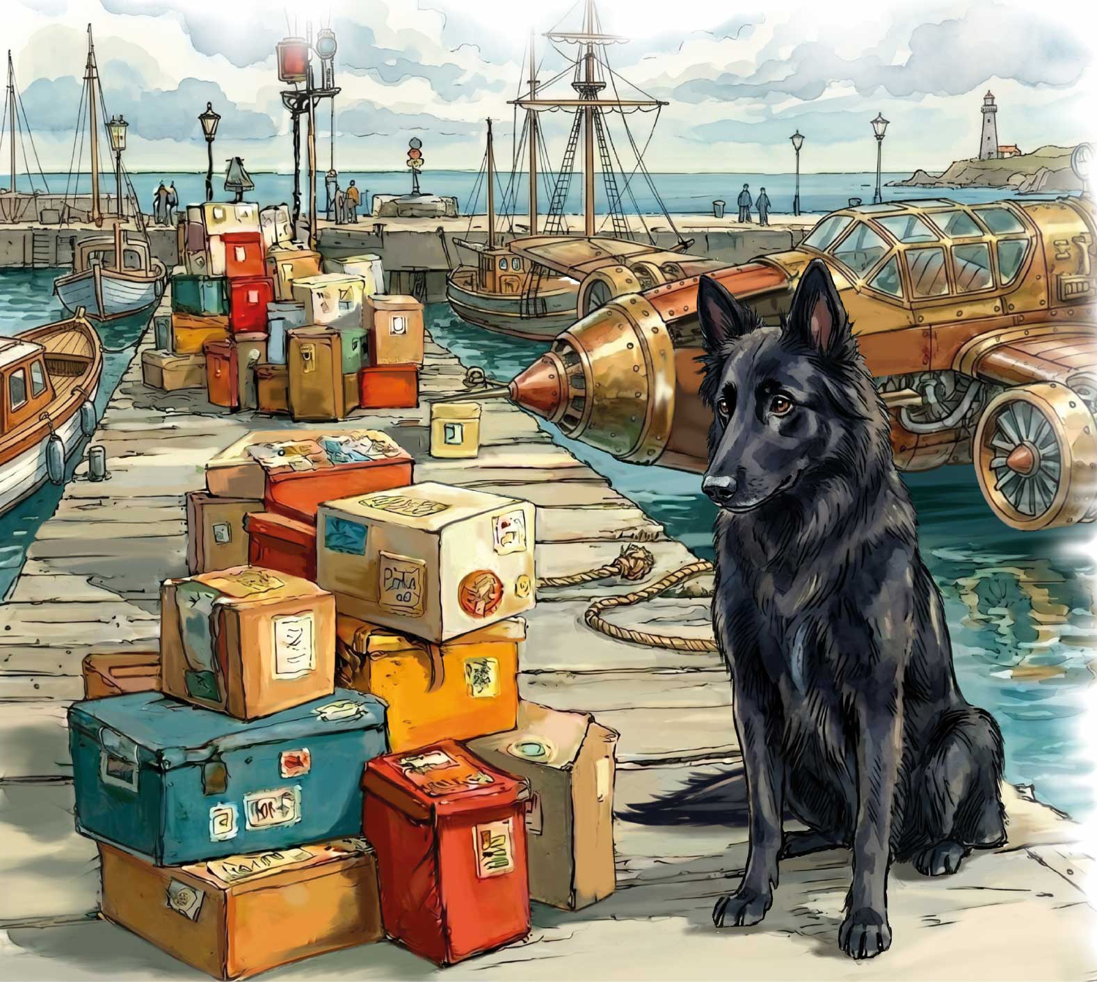 Harbor scene with a black dog and luggage