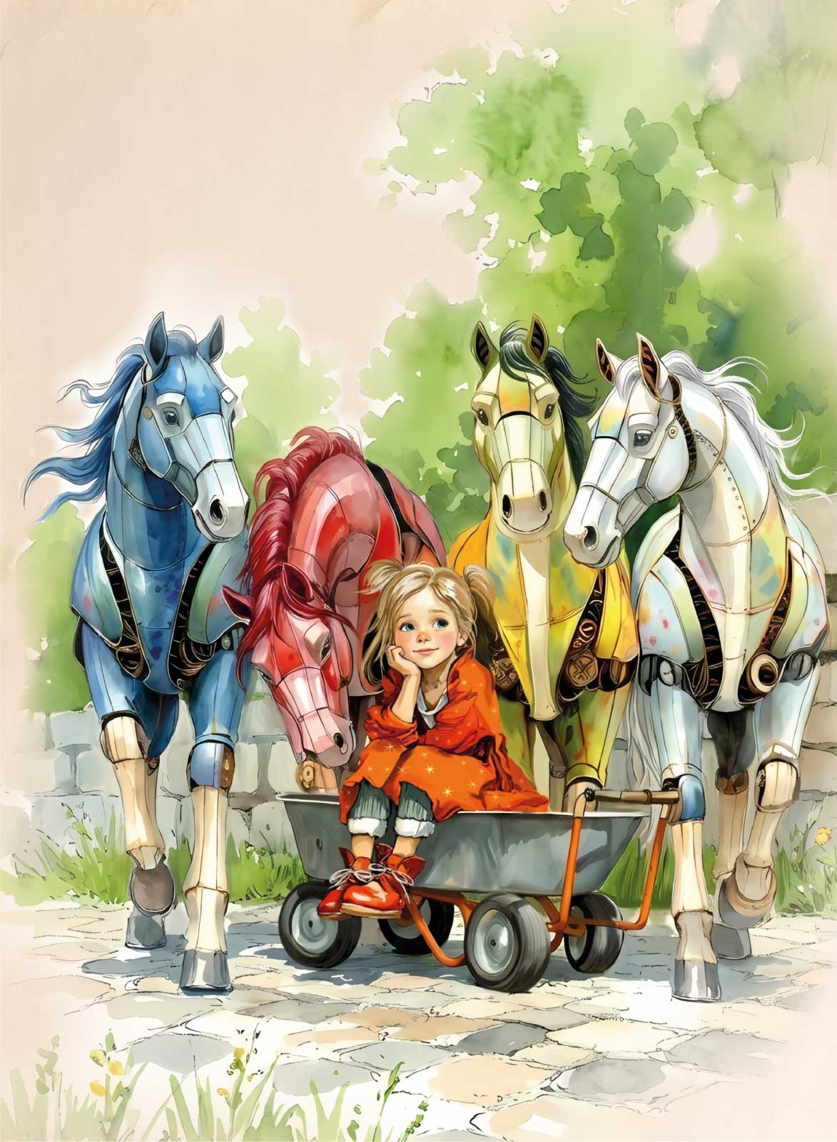 Watercolor: a girl with mechanical horses