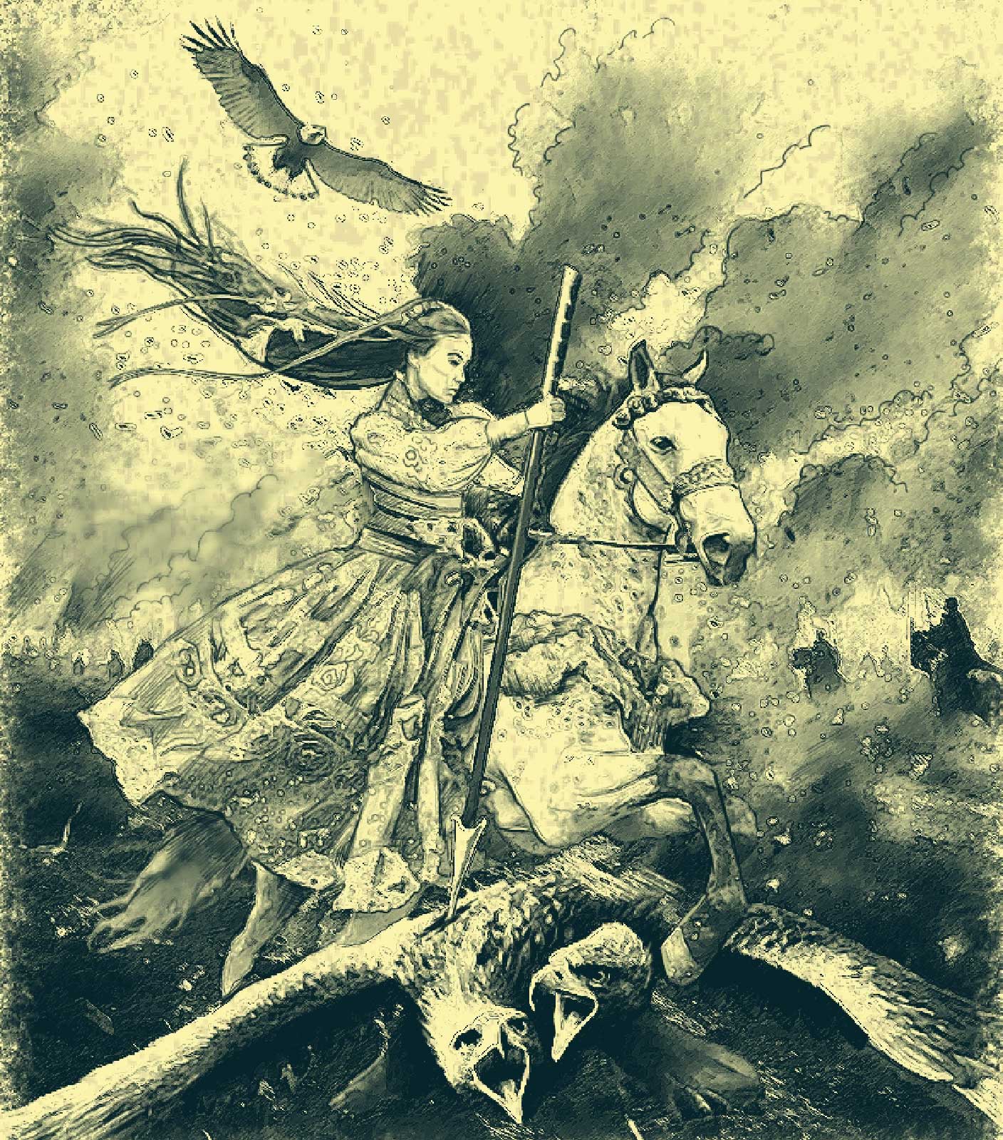 Ink illustration: a warrior on horseback with an eagle