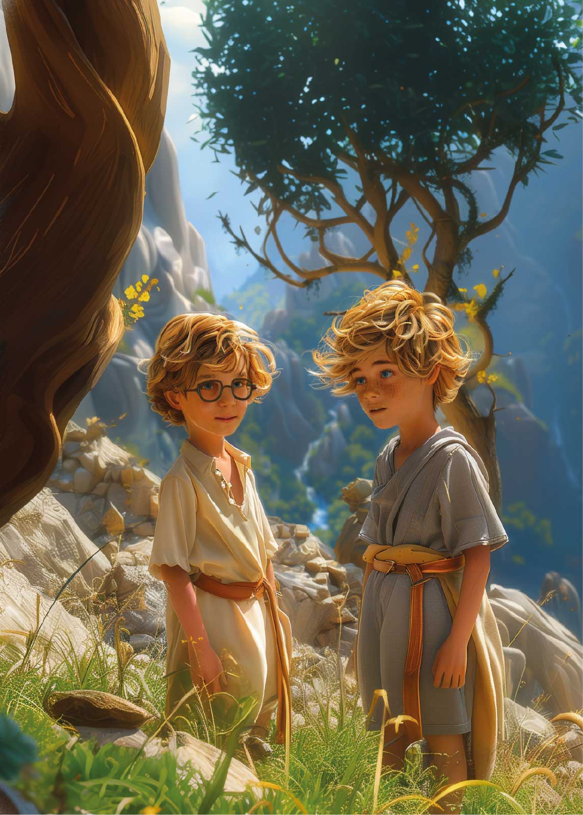 Two boys under a tree on a mountainside