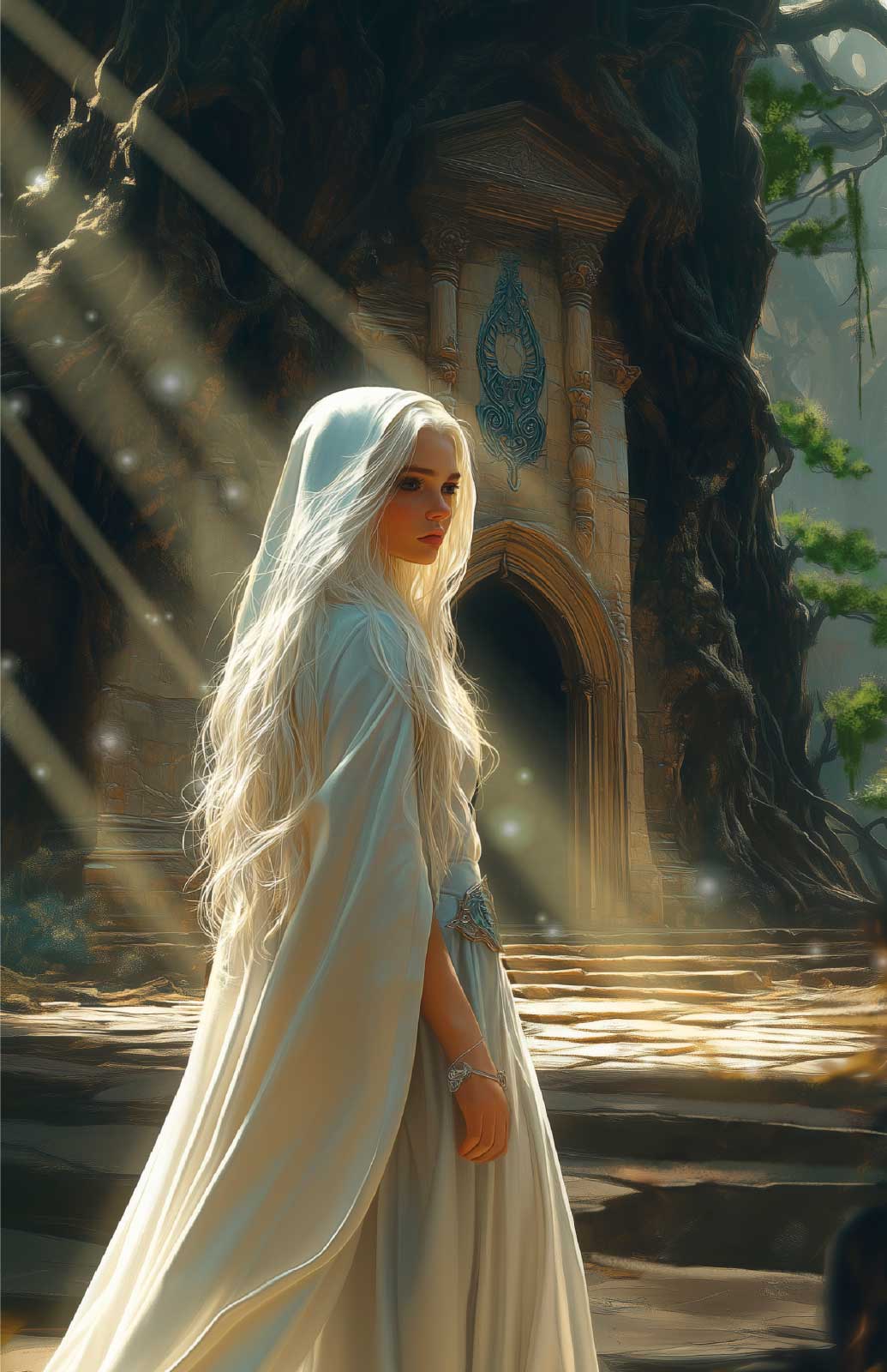 Character: white-haired woman in a cloak