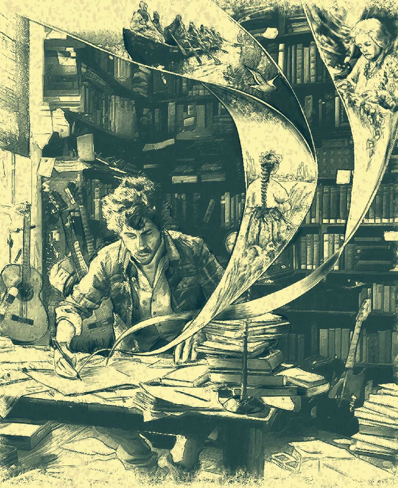 Ink illustration: a writer in a library