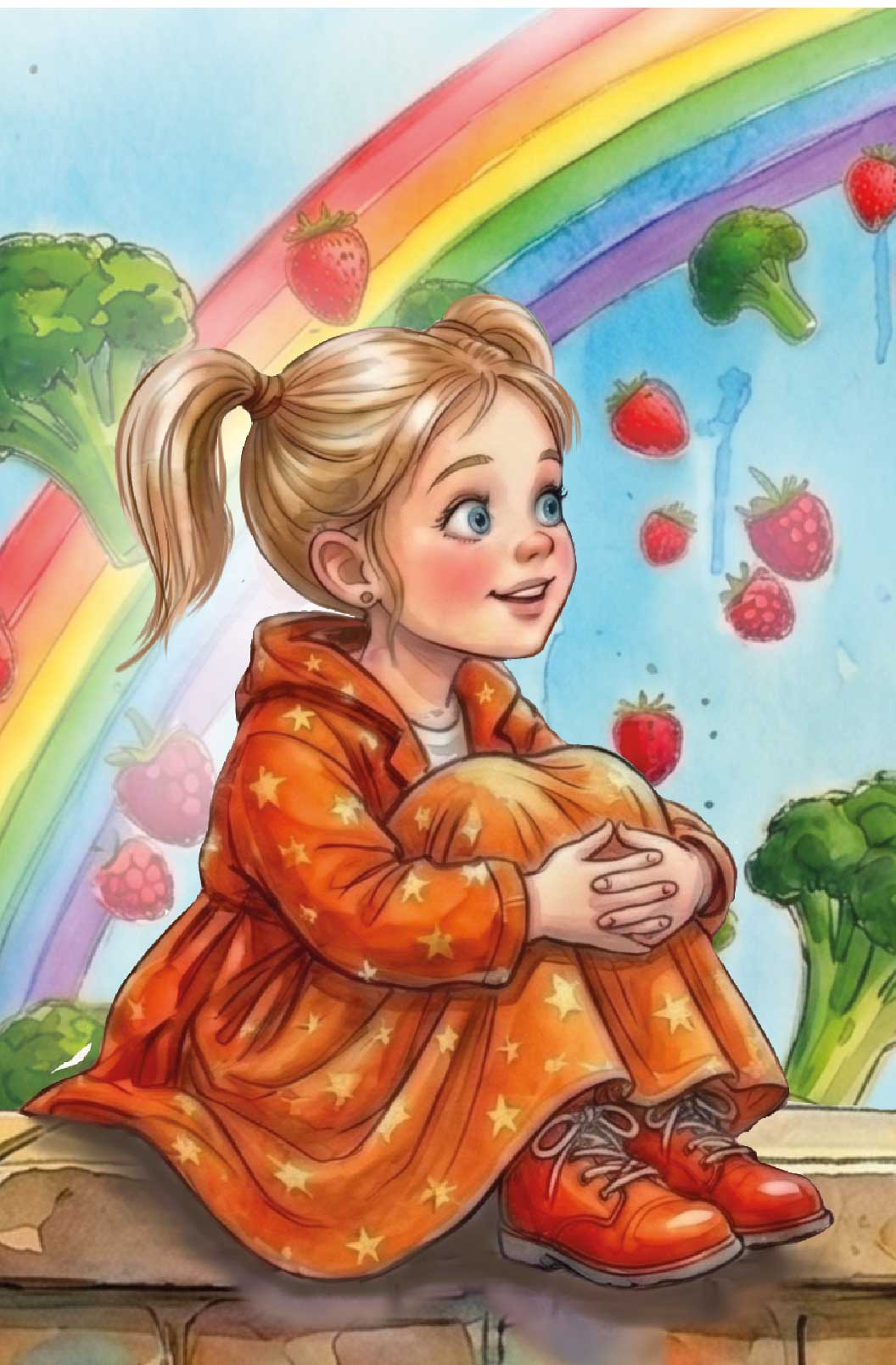 Children's illustration: a girl with a rainbow