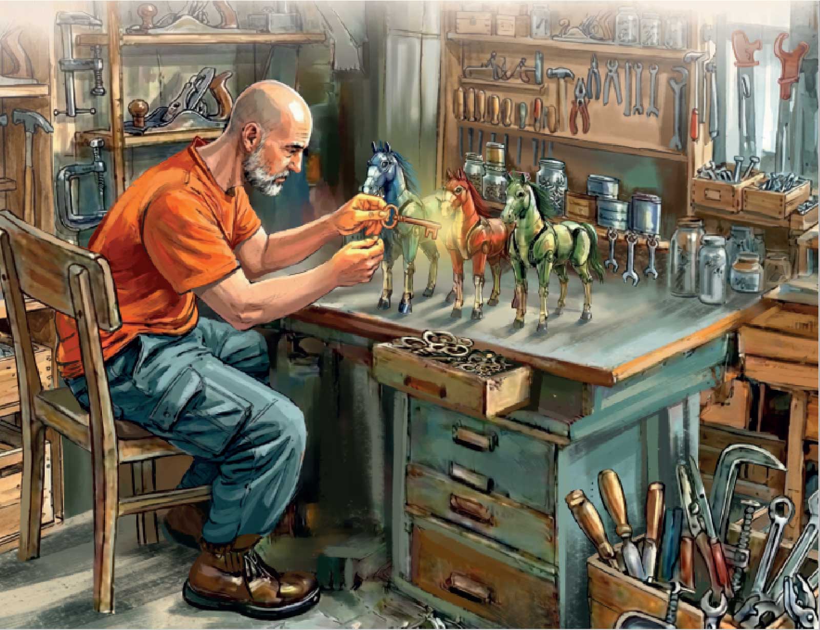 Craftsman carving wooden horses